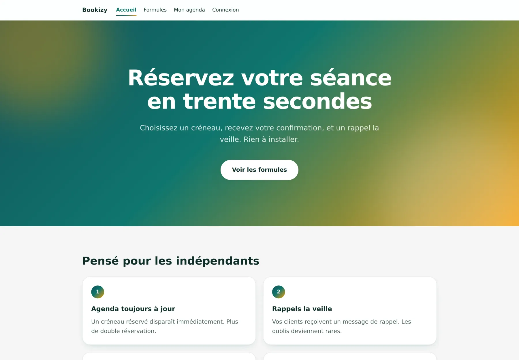 Page de réservation de Bookizy, avec agenda et créneaux