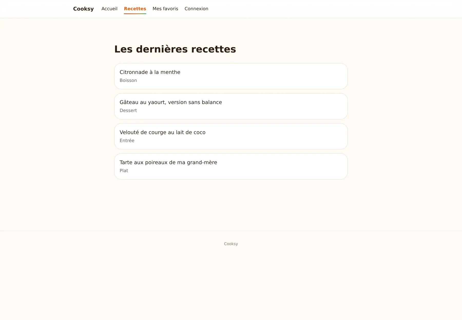 Page recettes de Cooksy, avec la liste des recettes publiées