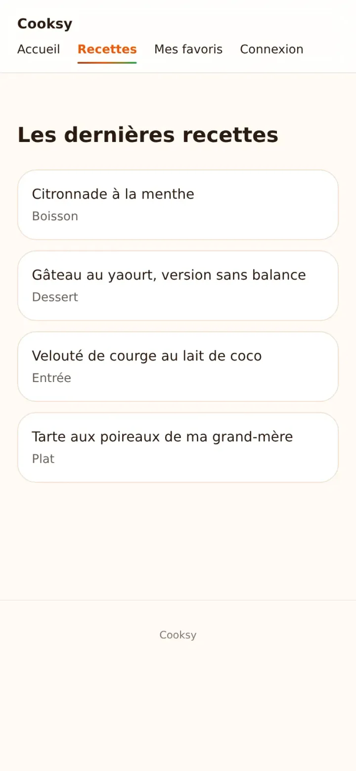 Page recettes de Cooksy, avec la liste des recettes publiées